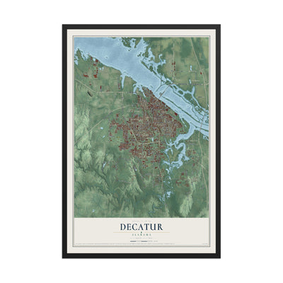 Map of Decatur, Alabama, 12 x 18 inch print in a black wood frame