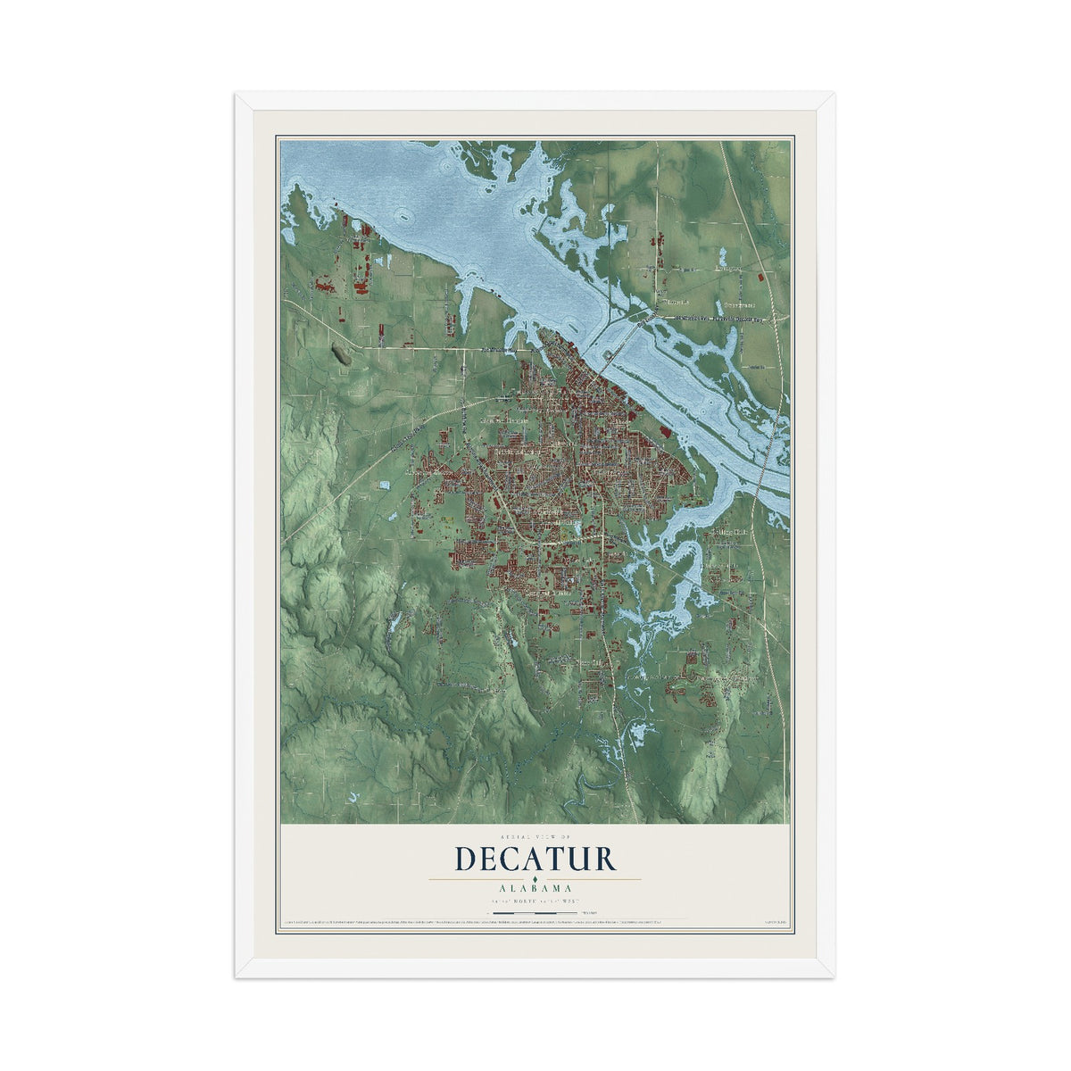Map of Decatur, Alabama, 12 x 18 inch print in a white wood frame