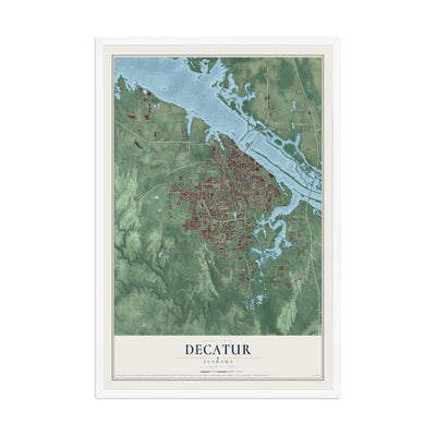 Map of Decatur, Alabama, 12 x 18 inch print in a white wood frame