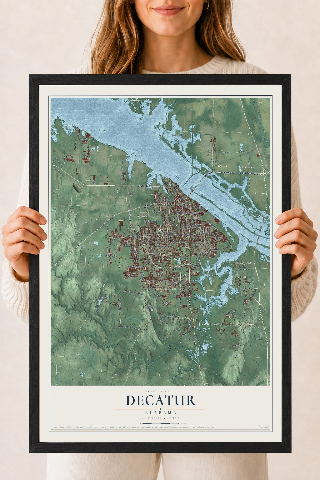 Map of Decatur, Alabama, 18 x 24 inch print in a black wood frame