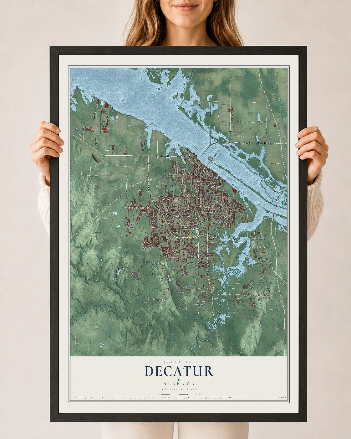 Map of Decatur, Alabama, 24 x 36 inch print in a black wood frame