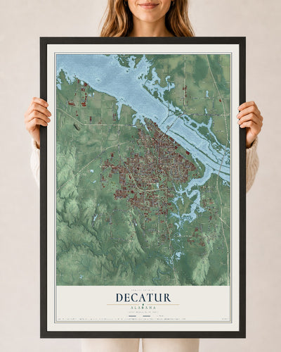 Map of Decatur, Alabama, 24 x 36 inch print in a black wood frame