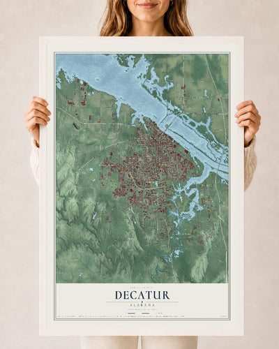 Map of Decatur, Alabama, 24 x 36 inch print in a white wood frame