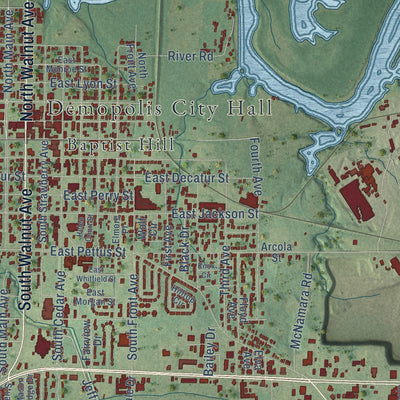Close-up of the map of Demopolis, Alabama print showing street and building detail