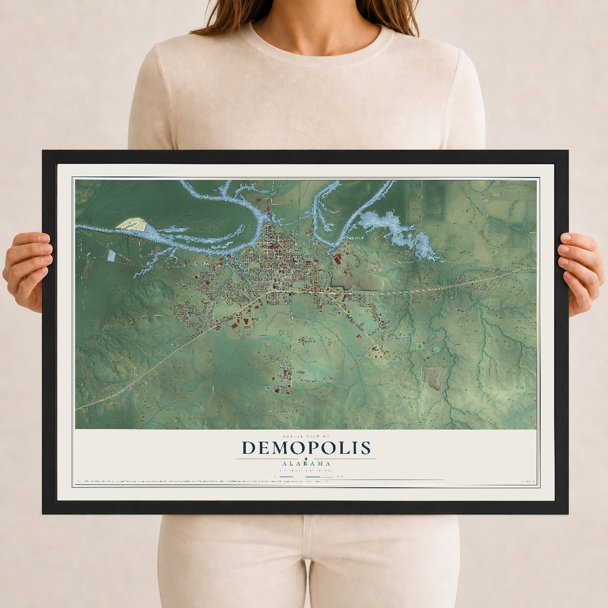 Map of Demopolis, Alabama, 12 x 18 inch print in a black wood frame
