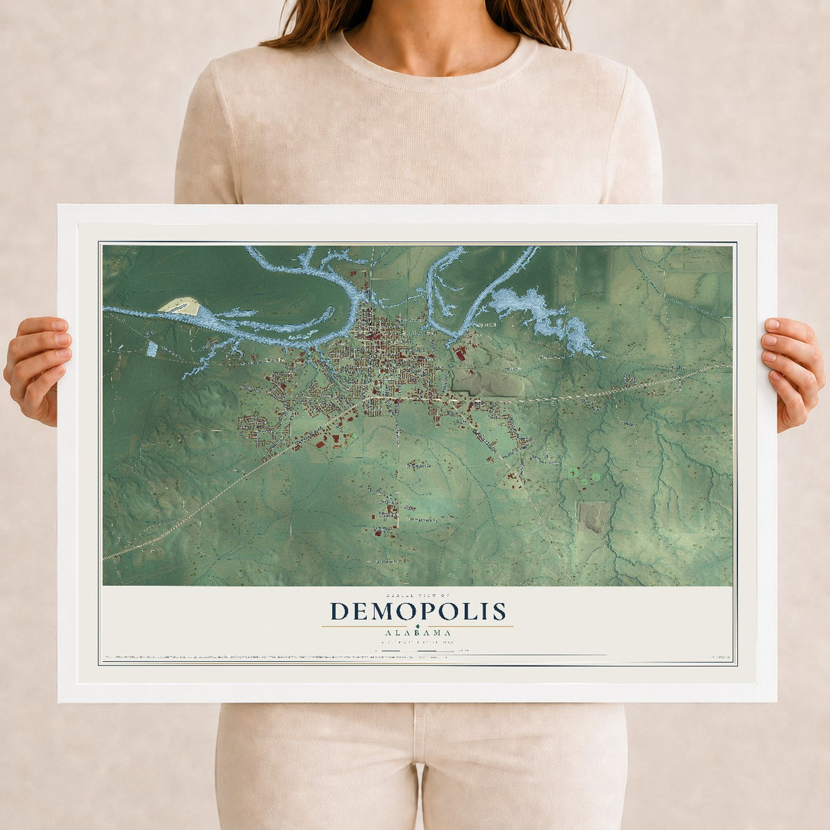 Map of Demopolis, Alabama, 12 x 18 inch print in a white wood frame