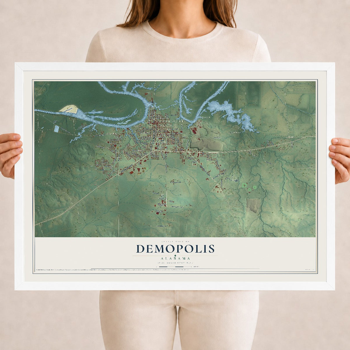 Map of Demopolis, Alabama, 18 x 24 inch print in a white wood frame