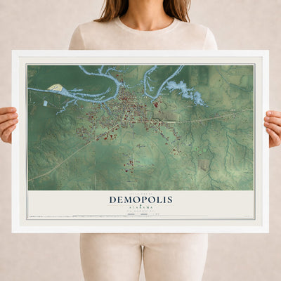 Map of Demopolis, Alabama, 18 x 24 inch print in a white wood frame