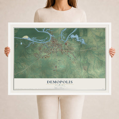 Map of Demopolis, Alabama, 24 x 36 inch print in a white wood frame