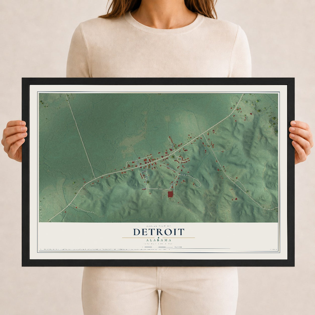 Map of Detroit, Alabama, 12 x 18 inch print in a black wood frame