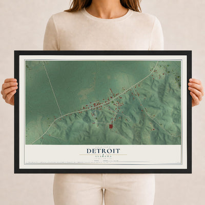 Map of Detroit, Alabama, 12 x 18 inch print in a black wood frame