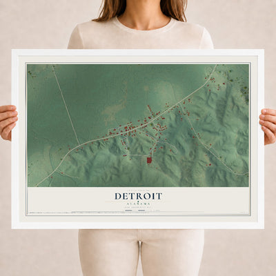 Map of Detroit, Alabama, 18 x 24 inch print in a white wood frame