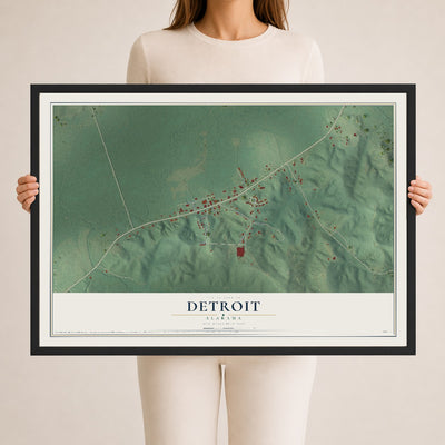 Map of Detroit, Alabama, 24 x 36 inch print in a black wood frame