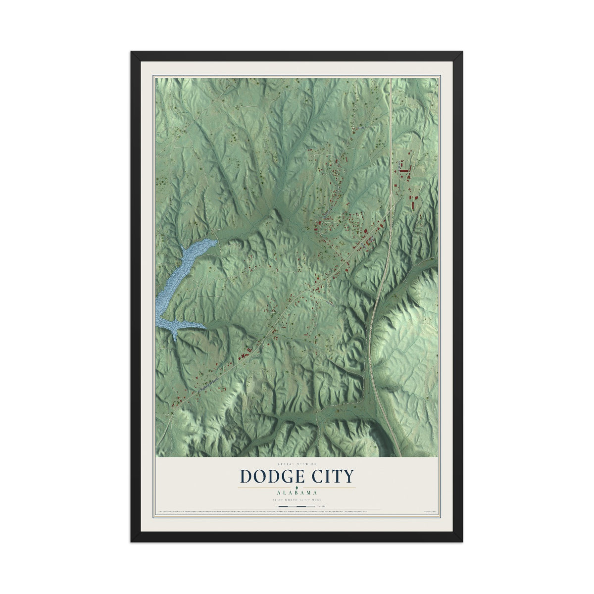 Map of Dodge City, Alabama, 12 x 18 inch print in a black wood frame