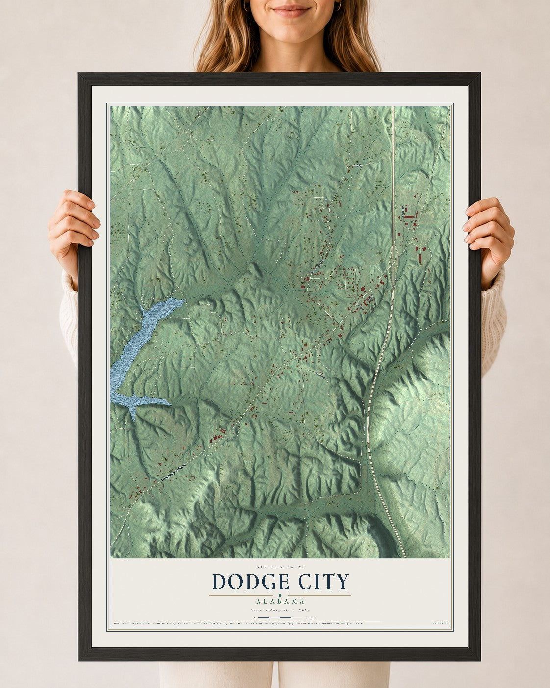 Map of Dodge City, Alabama, 24 x 36 inch print in a black wood frame