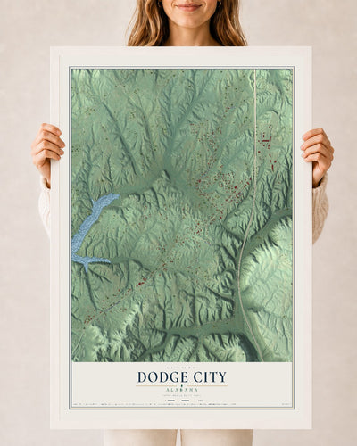 Map of Dodge City, Alabama, 24 x 36 inch print in a white wood frame