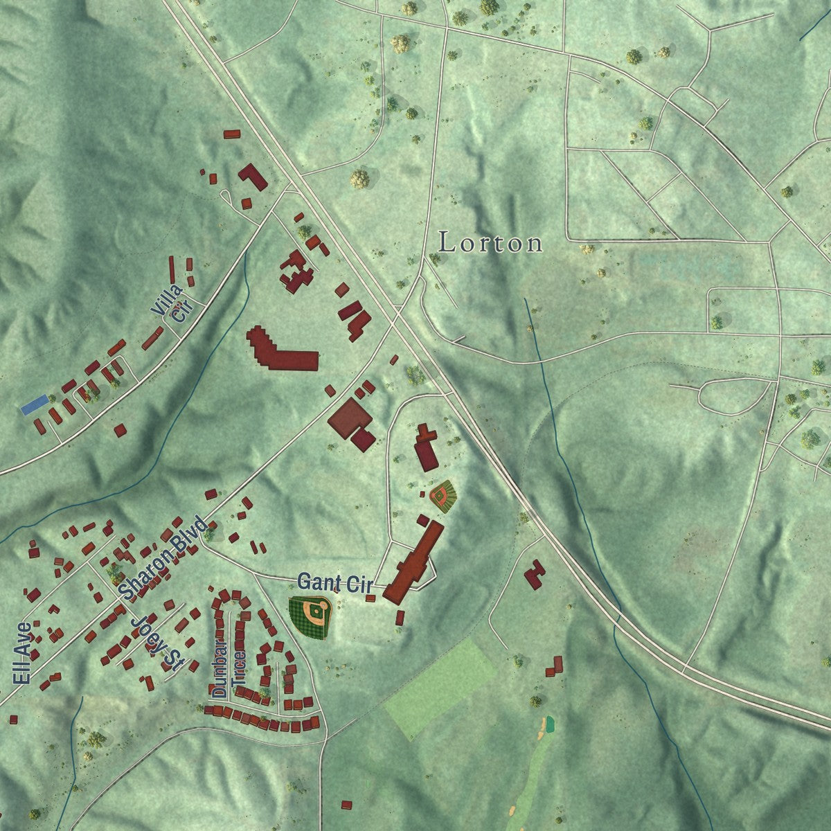 Second close-up of the map of Dora, Alabama print showing more streets and buildings