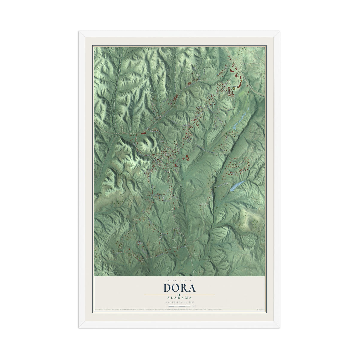 Map of Dora, Alabama, 12 x 18 inch print in a white wood frame