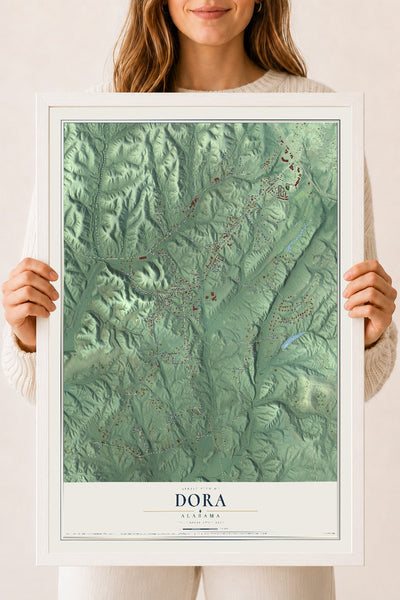 Map of Dora, Alabama, 18 x 24 inch print in a white wood frame