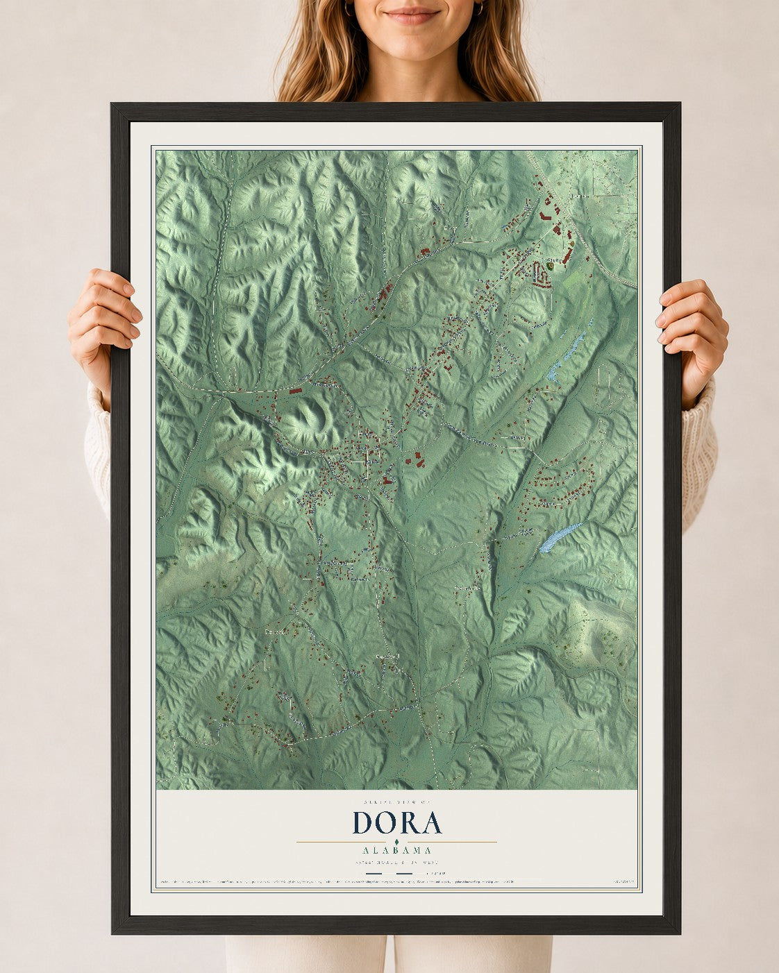Map of Dora, Alabama, 24 x 36 inch print in a black wood frame