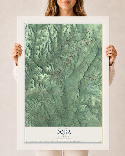 Map of Dora, Alabama, 24 x 36 inch print in a white wood frame