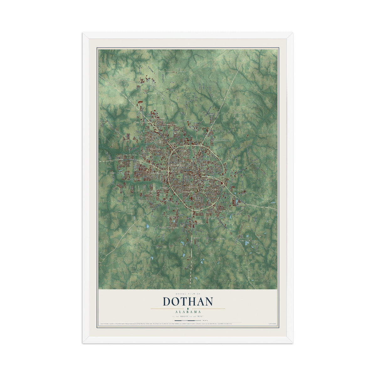 Map of Dothan, Alabama, 12 x 18 inch print in a white wood frame