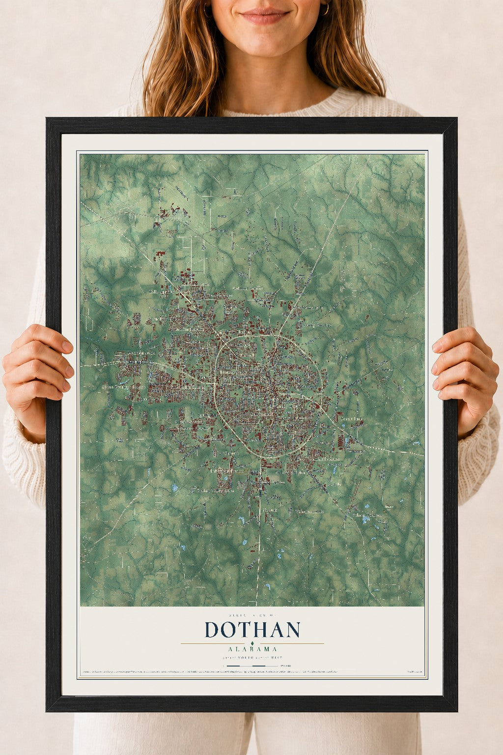 Map of Dothan, Alabama, 18 x 24 inch print in a black wood frame