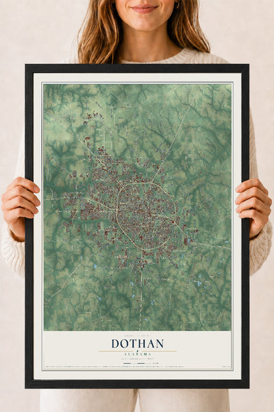 Map of Dothan, Alabama, 18 x 24 inch print in a black wood frame
