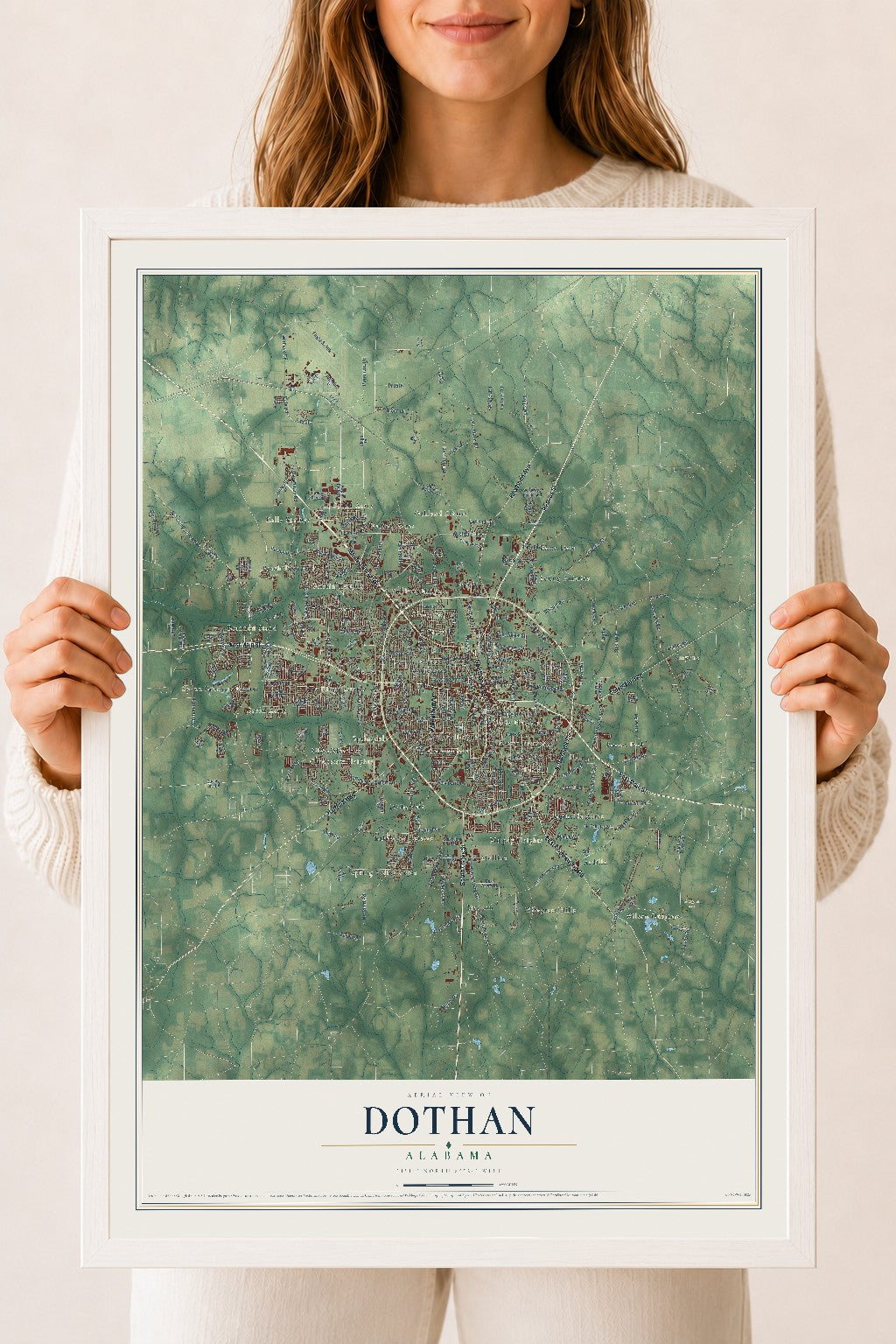Map of Dothan, Alabama, 18 x 24 inch print in a white wood frame