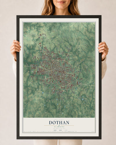 Map of Dothan, Alabama, 24 x 36 inch print in a black wood frame