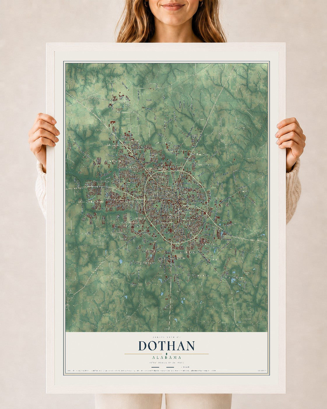 Map of Dothan, Alabama, 24 x 36 inch print in a white wood frame