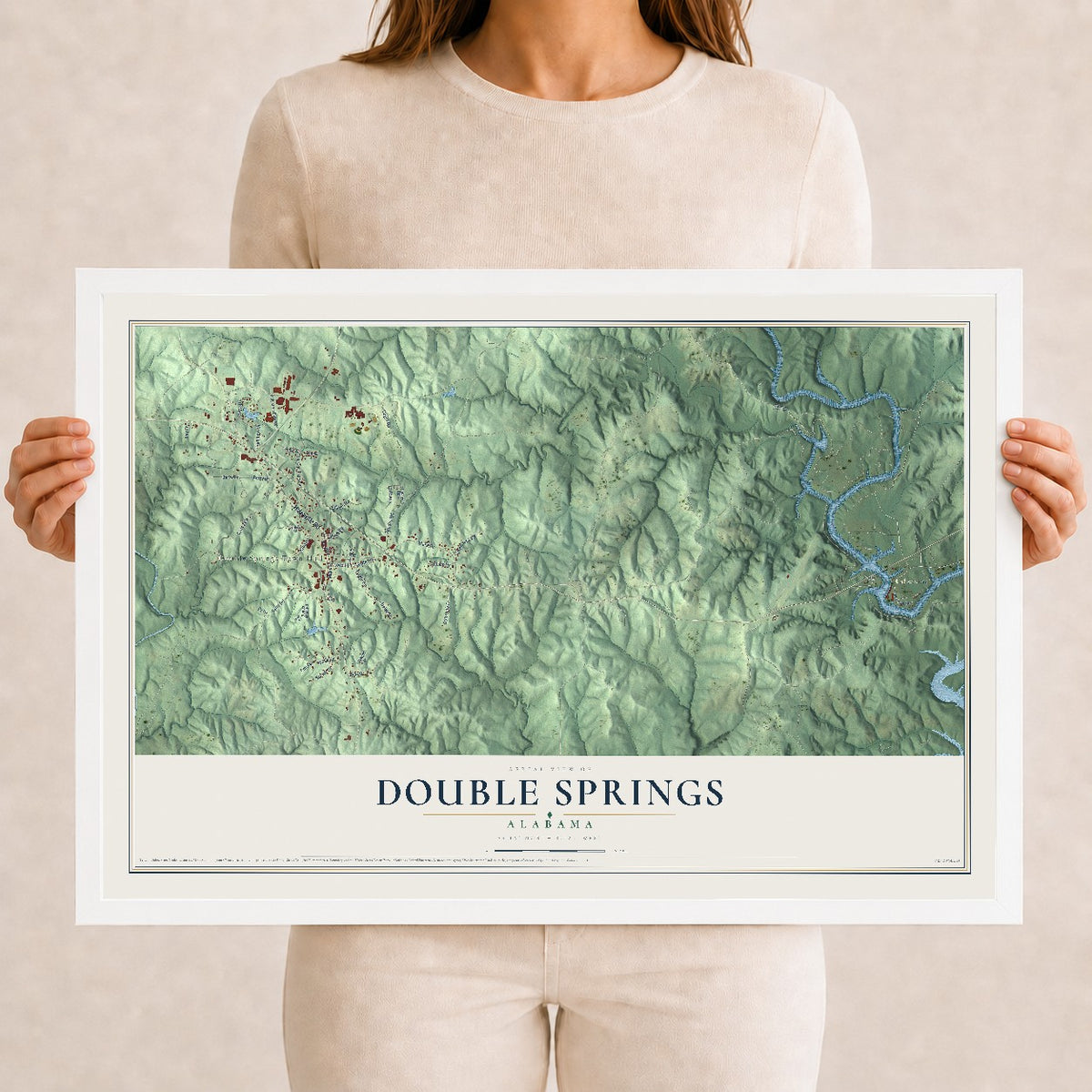 Map of Double Springs, Alabama, 12 x 18 inch print in a white wood frame