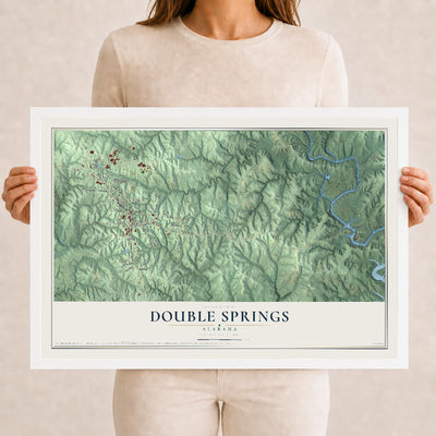 Map of Double Springs, Alabama, 12 x 18 inch print in a white wood frame