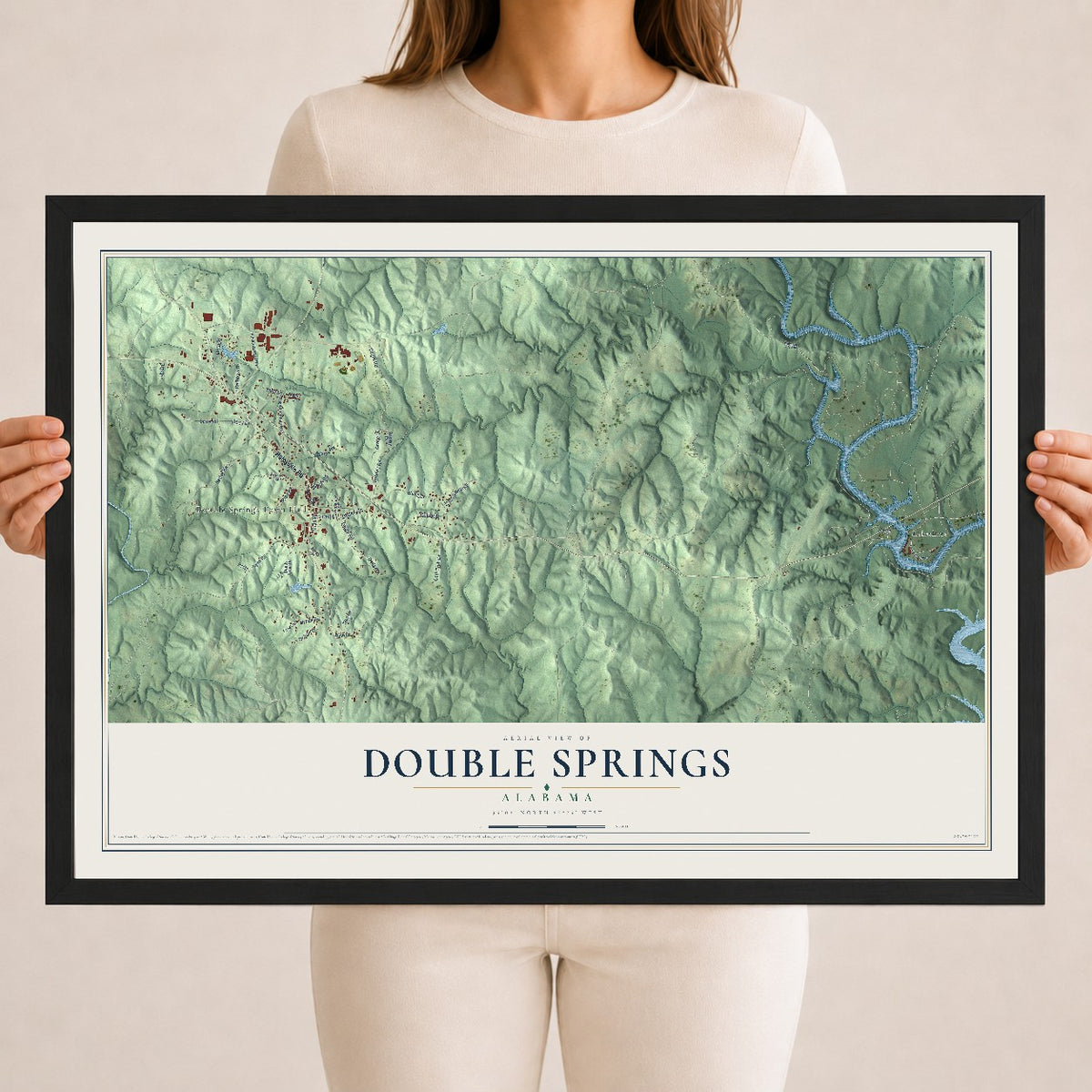 Map of Double Springs, Alabama, 18 x 24 inch print in a black wood frame