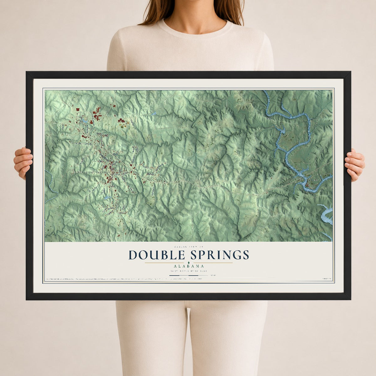 Map of Double Springs, Alabama, 24 x 36 inch print in a black wood frame