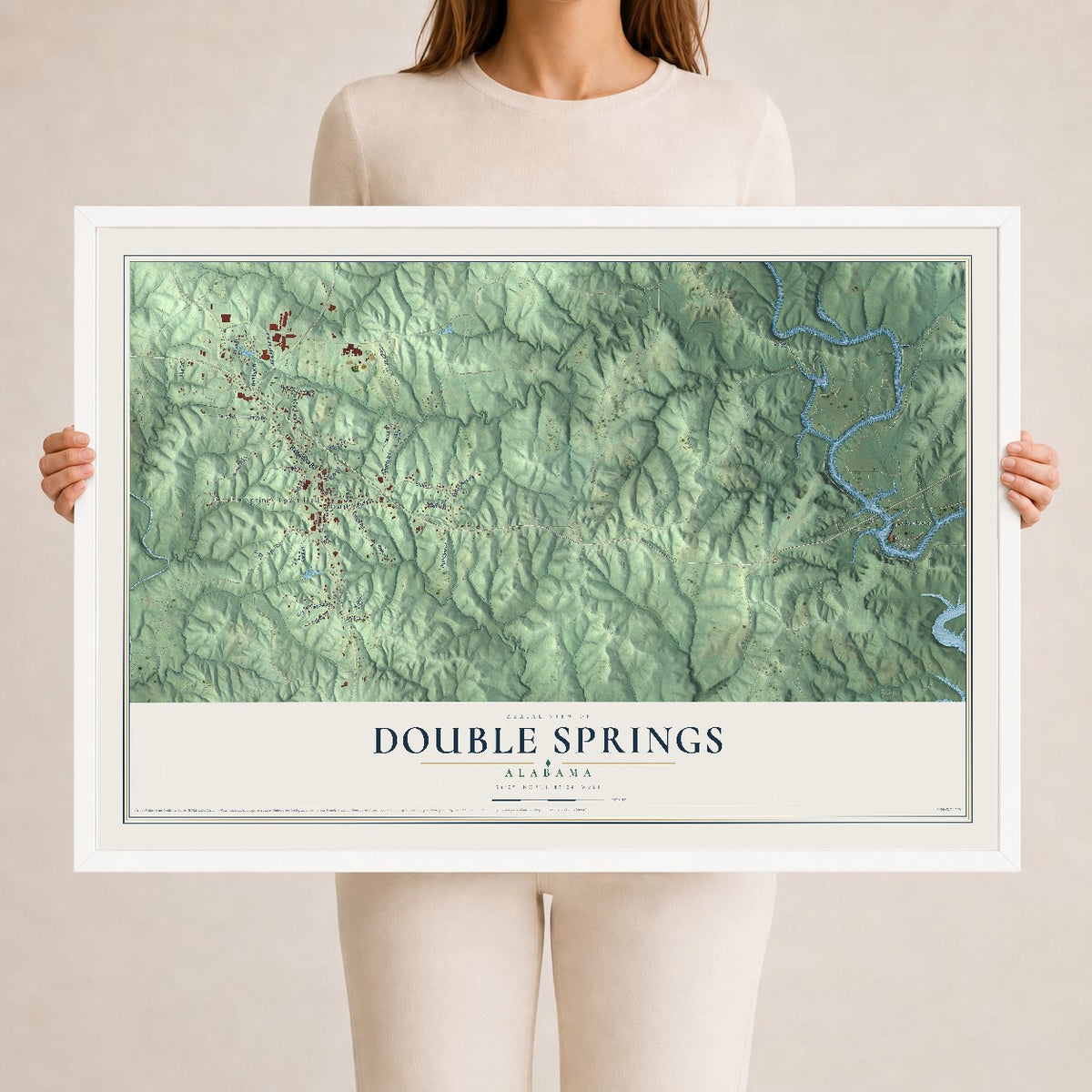 Map of Double Springs, Alabama, 24 x 36 inch print in a white wood frame