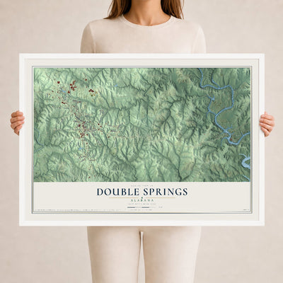 Map of Double Springs, Alabama, 24 x 36 inch print in a white wood frame