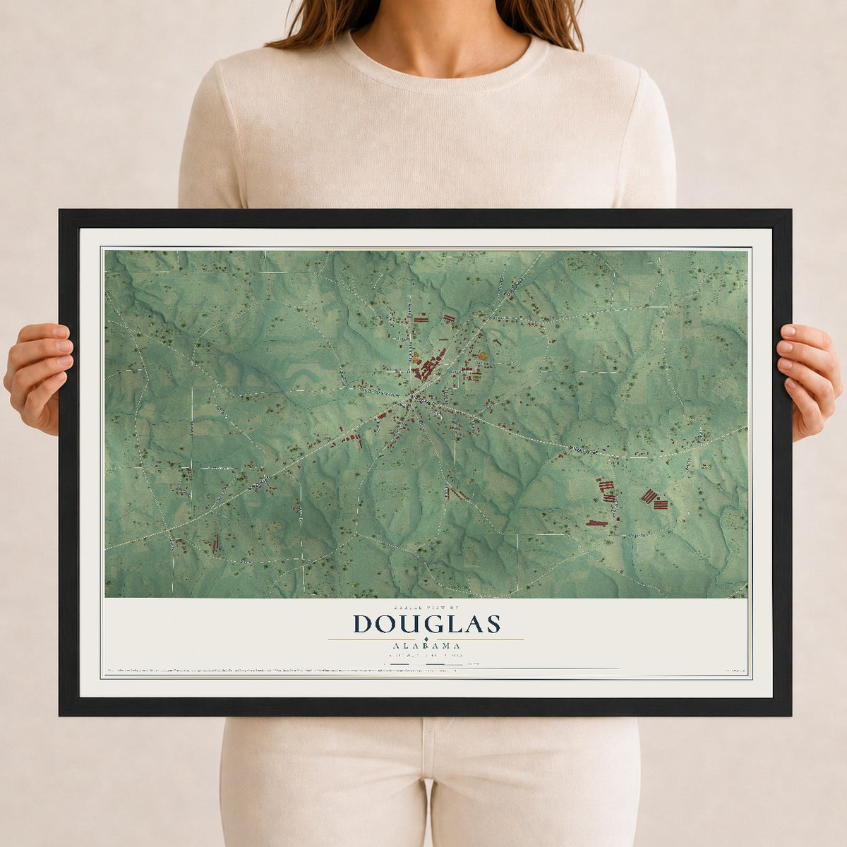 Map of Douglas, Alabama, 12 x 18 inch print in a black wood frame