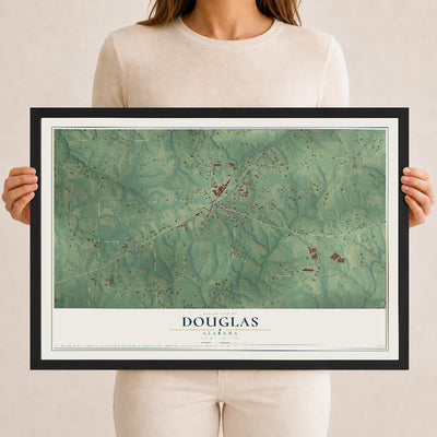 Map of Douglas, Alabama, 12 x 18 inch print in a black wood frame