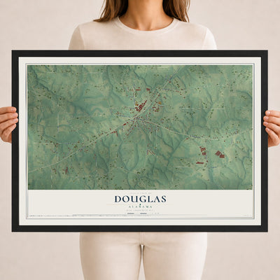 Map of Douglas, Alabama, 18 x 24 inch print in a black wood frame