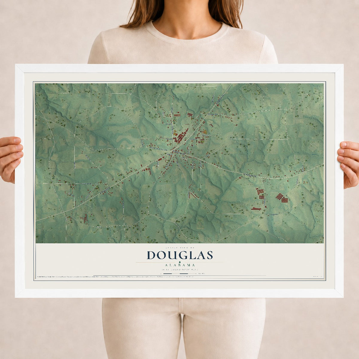 Map of Douglas, Alabama, 18 x 24 inch print in a white wood frame