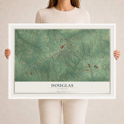 Map of Douglas, Alabama, 24 x 36 inch print in a white wood frame
