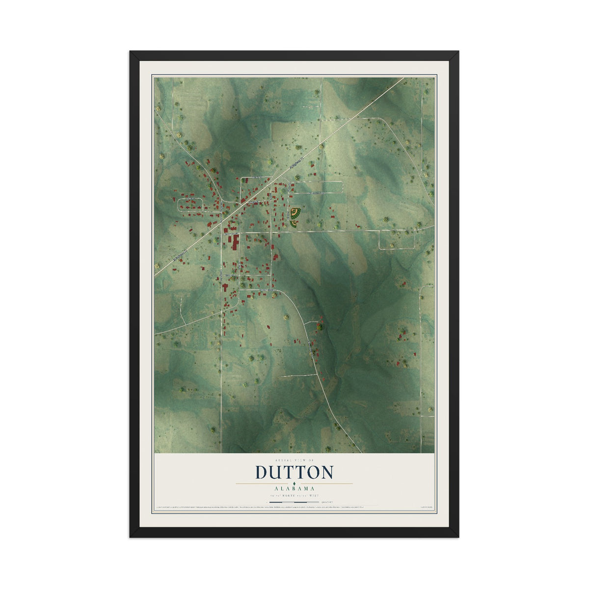 Map of Dutton, Alabama, 12 x 18 inch print in a black wood frame