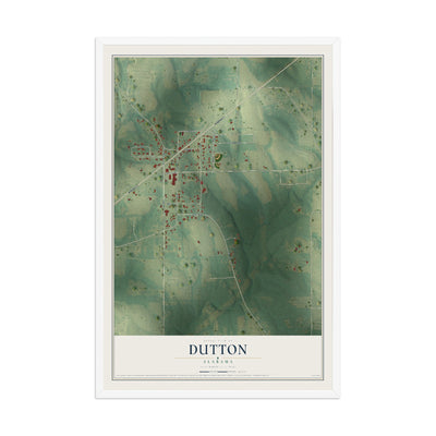 Map of Dutton, Alabama, 12 x 18 inch print in a white wood frame