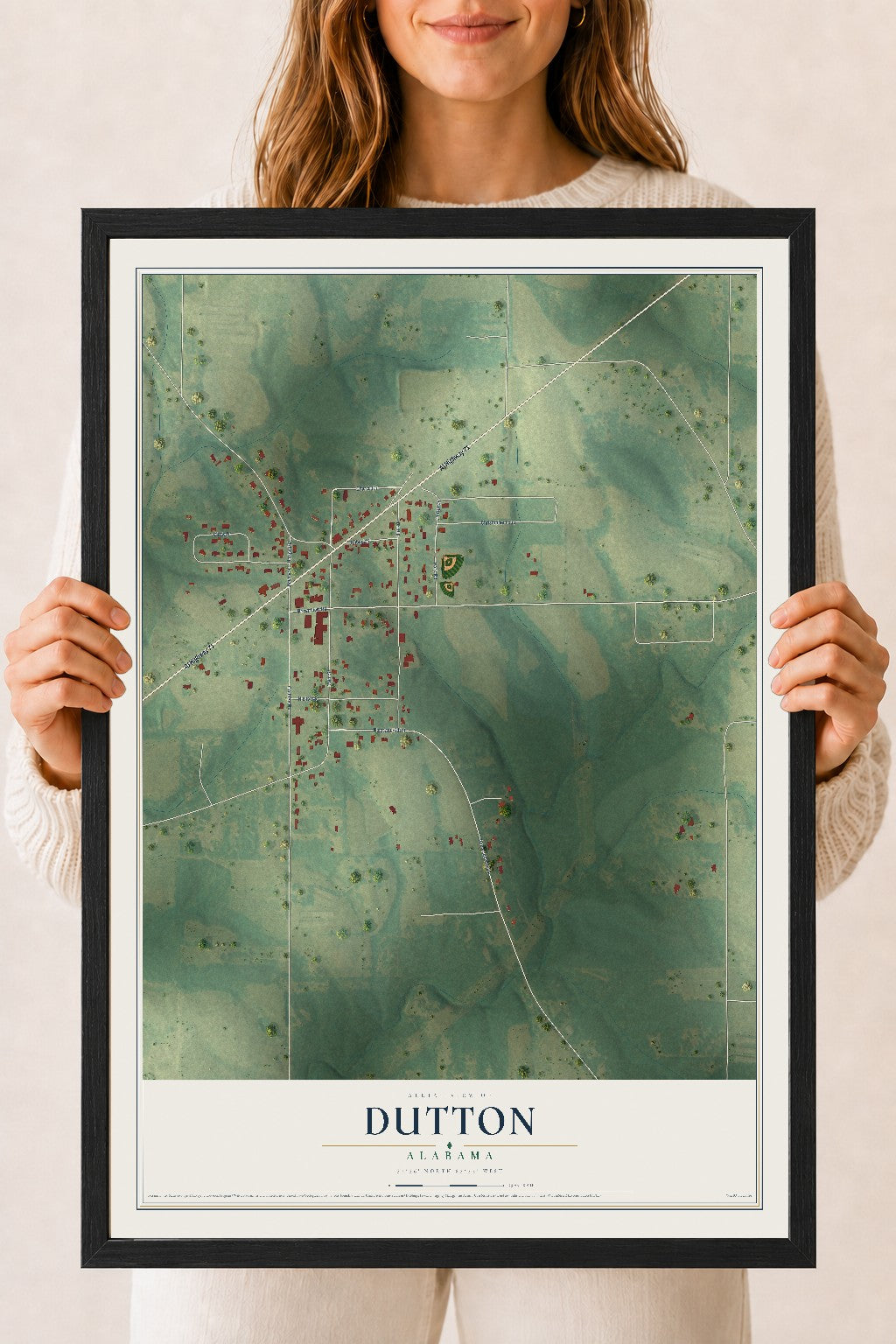 Map of Dutton, Alabama, 18 x 24 inch print in a black wood frame