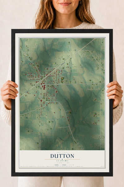 Map of Dutton, Alabama, 18 x 24 inch print in a black wood frame