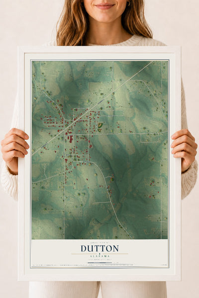 Map of Dutton, Alabama, 18 x 24 inch print in a white wood frame