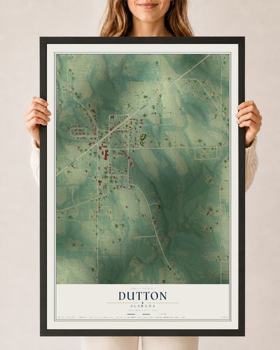 Map of Dutton, Alabama, 24 x 36 inch print in a black wood frame