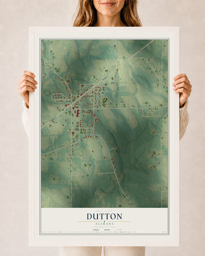 Map of Dutton, Alabama, 24 x 36 inch print in a white wood frame
