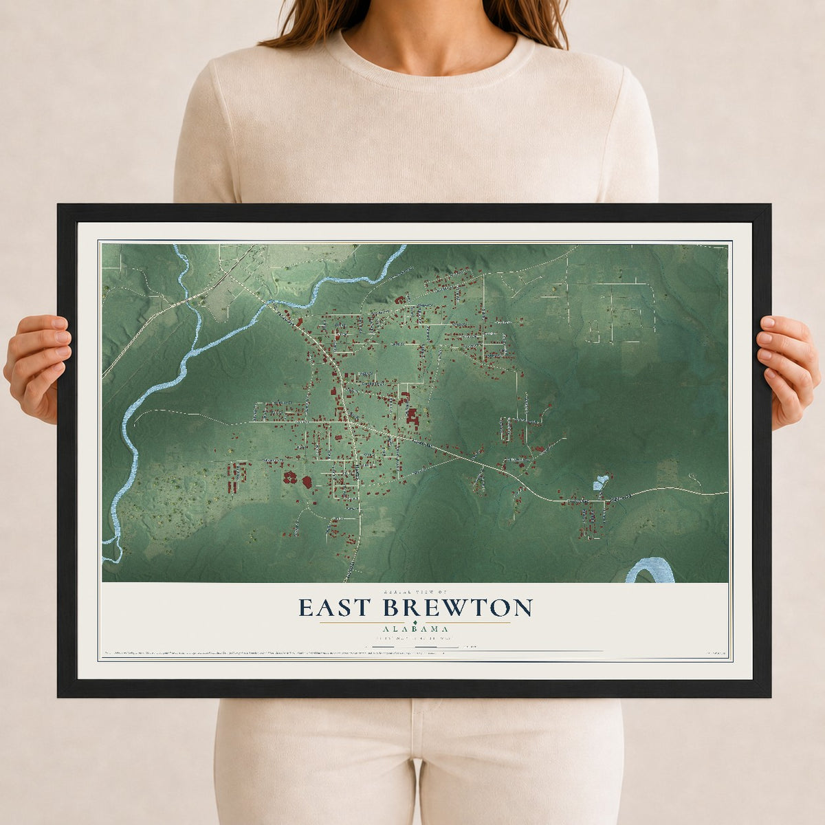 Map of East Brewton, Alabama, 12 x 18 inch print in a black wood frame